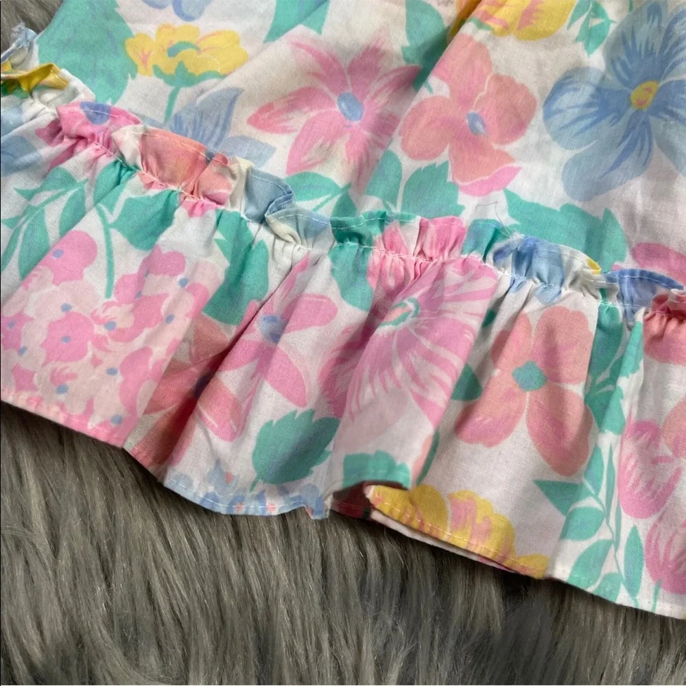 Vintage Baby Girls Blue Pink Floral Ruffle Pinafore Dress